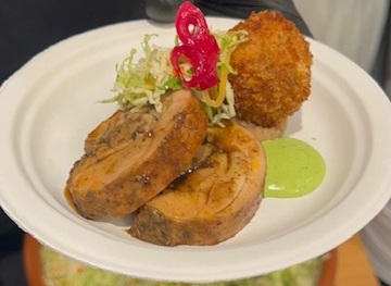 Stew Chicken Roulade w/ Rice & Peas Arancini, Green Seasoning Aioli